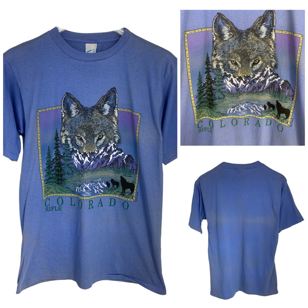Vtg Rifle Colorado T Shirt Sz M Lt Blue Wolf Mountains Prairie Mountain USA READ